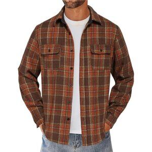 Men's Flannel Brown‎ Shirts Long Sleeve Cotton Plaid Jacket Casual with Pockets